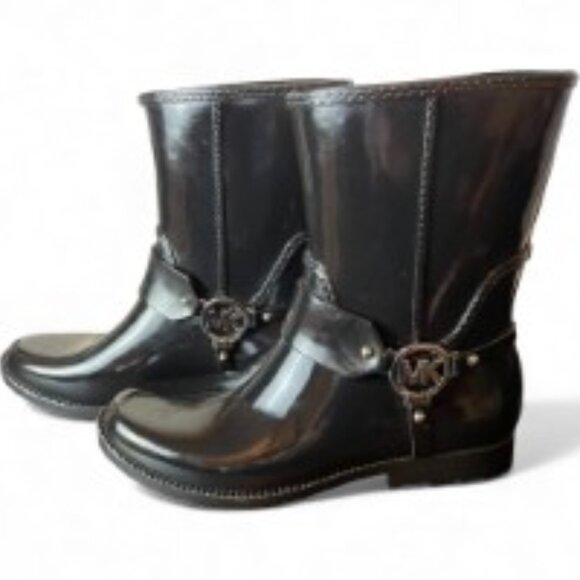 Michael Kors Women's Black MK Logo Harness Rubber Rain Boots Size10M/41M - Picture 1 of 7